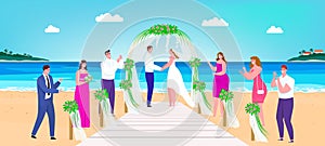 Wedding beach ceremony vector illustration, cartoon happy man woman couple characters getting married on tropical