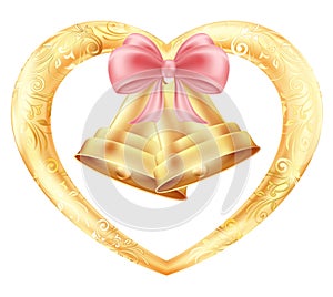 Wedding bells with hearts and a pink bow in a gold frame with a floral oriental ornament. Illustration