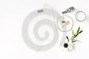 Wedding, birthday desktop mock-up scene. Blank cotton paper greeting cards, washi tape and golden clips. Olive branch