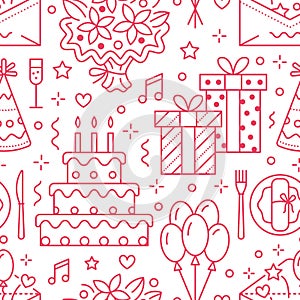 Wedding, birthday party seamless pattern, flat line illustration. Vector icons of event agency, organization - balloons