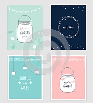 Wedding, Birthday, Shower Party Invitations with Mason Jars and Festoon Lights Garlands.