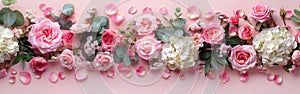 Wedding Birthday Stationery Mock-Up with Decorative Floral Composition and Close-Up of Pink Roses, Peonies, Hydrangea Flowers,