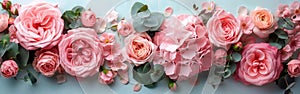 Wedding Birthday Stationery Mock-Up with Decorative Floral Composition and Close-Up of Pink Roses, Peonies, Hydrangea Flowers,