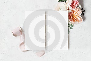 Wedding, birthday stationery mock-up scene. Blank menu cards. Decorative floral corner. Green leaves, pink English roses