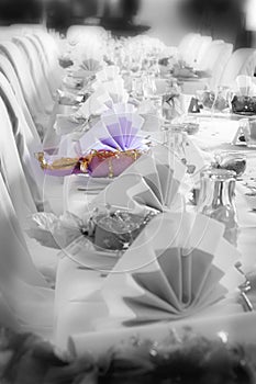 Wedding or birthday table setting, colour emphasis