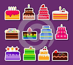 Wedding or Birthday vector pie cakes stickers icons set. Cake sweets dessert bakery in flat style. Delicious stickers on