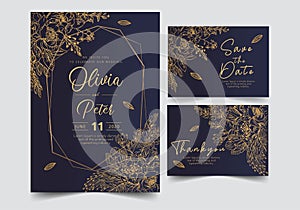 Wedding black invitation card template with golden flower floral background. Vector illustration.