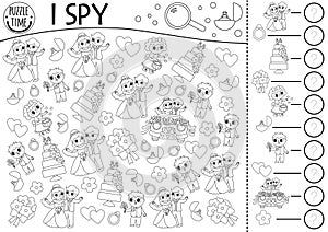 Wedding black and white I spy game for kids. Searching and counting activity or coloring page. Marriage ceremony printable