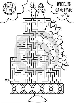 Wedding black and white maze for kids with big cake, bride and groom figurines. Marriage ceremony preschool printable activity.