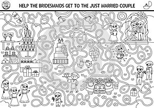 Wedding black and white maze for kids with bride, groom, cake, bridesmaids. Preschool printable activity with marriage ceremony