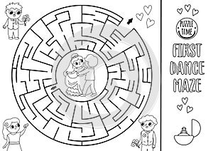 Wedding black and white maze for kids with dancing bride and groom. Marriage printable activity. Matrimonial labyrinth coloring