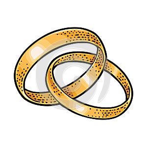 Wedding bonded gold rings. Vintage vector engraving Isolated on white