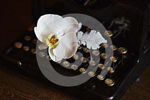 Wedding boquet and old typewriter