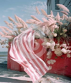 Wedding bouquet on the beach with a red and white striped flag.