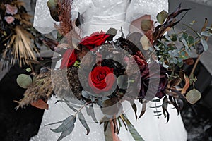 Wedding bouquet of black dried flowers. Wedding decor.