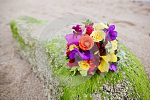 Wedding bouquet flower on tropical sand beach