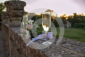 Wedding bouquet, flowers, wedding glasses