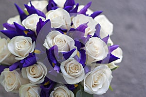 Wedding bouquet of flowers. White and blue flowers close-up