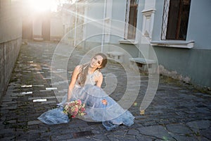 Wedding bouquet in girl`s hands.