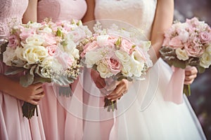 Wedding bouquet in the hands of the bride and groom, Wedding flowers, bride and bridesmaids holding their bouquets at wedding day
