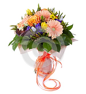 wedding bouquet isolated on white. Fresh, lush bouquet of colorful flowers