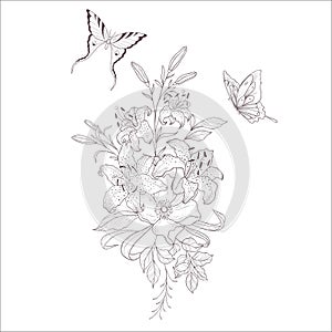 Wedding Bouquet. Line Art Vector Illustration.