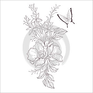 Wedding Bouquet. Line Art Vector Illustration.