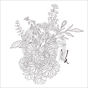 Wedding Bouquet. Line Art Vector Illustration.