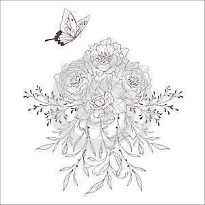 Wedding Bouquet. Line Art Vector Illustration.