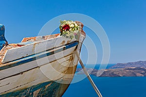 Wedding bouquet on an old boat