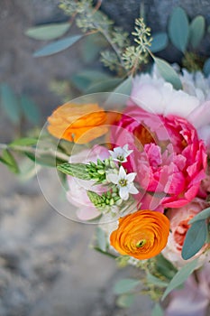 Wedding bouquet with peony, ranunculus, rose