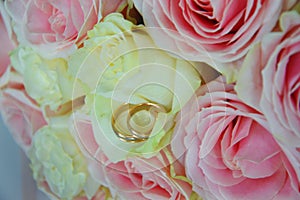 Wedding bouquet of pink and white roses and wedding rings lying on flower petals