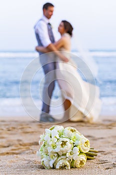 Wedding Bouquet put on the beach