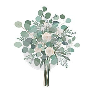 Wedding bouquet with rose flowers, seeded and silver dollar eucalyptus greenery.