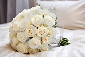 A wedding bouquet of roses is lying on the bed