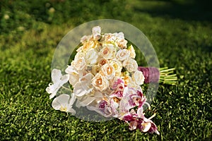 Wedding bouquet of roses and orchids lying on the lawn