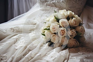 A wedding bouquet of white roses is lying on the bed with a wedding dress