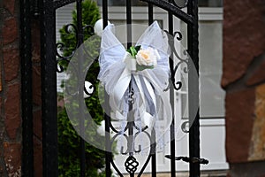 A wedding bow hangs on an outside fence.