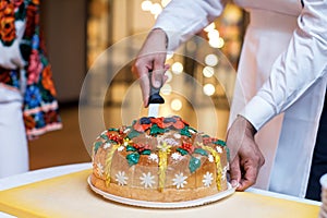 Wedding bread from wheat flour dough on the plate