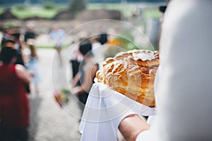 Wedding bread from wheat flour dough on the plate