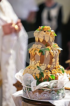 Wedding bread from wheat flour dough on the plate