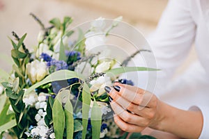 Wedding bridal bouquet of roses, lisianthus, lavender, Gypsophil