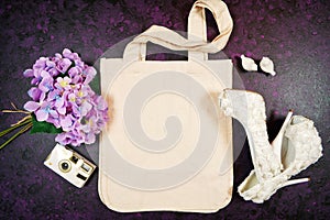 Wedding and bridal party tote bag SVG craft product flat lay mockup.
