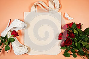 Wedding and bridal party tote bag SVG craft product flat lay mockup.