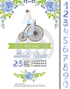 Wedding bridal shower card.Watercolor blue flowers,numbers,brid