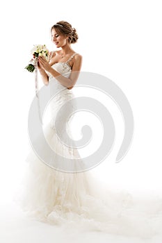 Wedding Bride, Beautiful Woman in White Dress with Flowers Bouquet, Elegant Studio Portrait