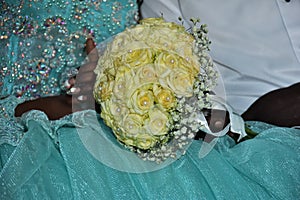 Wedding bride bouquet of yellow roses, the bride and groom, Israel 2016