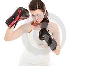 Wedding. Bride in boxing gloves. Emancipation.