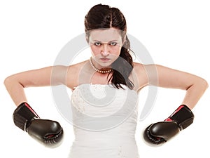 Wedding. Bride in boxing gloves. Emancipation.