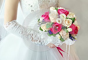 Wedding bride dress bouquet of roses red and white